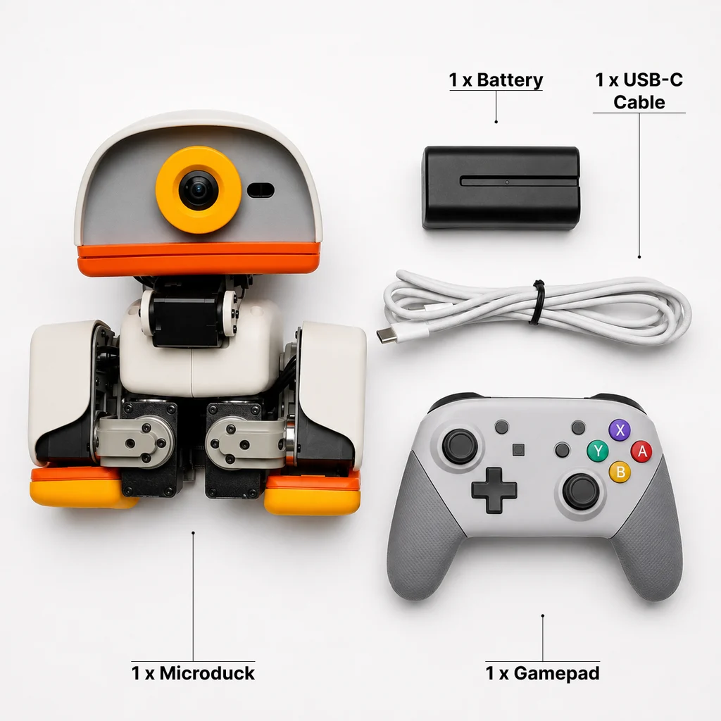 Illustration du contenu publié de la boîte : robot Microduck, batterie amovible, câble USB-C et manette