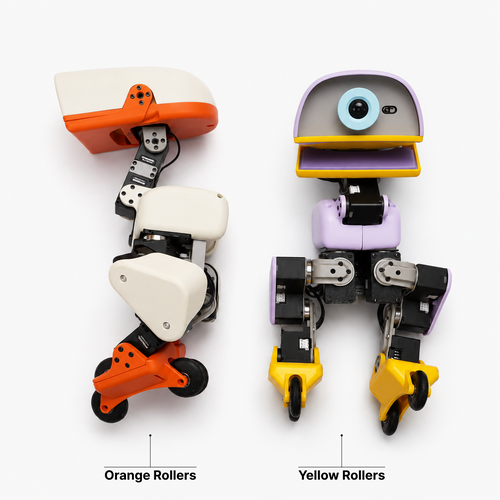 Orange and yellow Microduck rollers installed on two robots