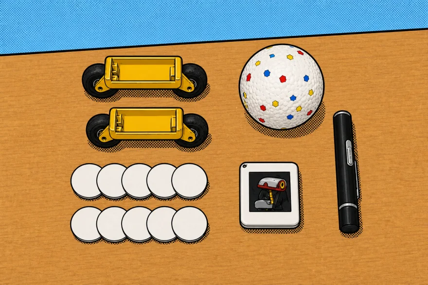 Illustration of the Accessory Pack with rollers, ball, laser pointer, NFC card and tags